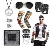11pcs Rock Heavy Metal Accessories, Gothic Rocker Costume with Fake Tattoo Sleeves Covers Bandana Sunglasses Necklaces Bracelet Rings Gloves, Punk Accessories for Men Women Kids 80s Party Cosplay
