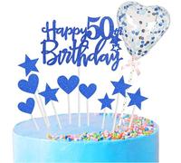11pcs Royal Blue Happy 50th Birthday Cake Toppers,Personalised Cake Topper for Man&Woman,50th Birthday Cake Decorations Glitter Cupcake Toppers Cake Toppers Kits 5 Star 4 Heart with Balloon