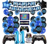11th Birthday Banner Decorations Kids - Blue Gaming Party Decor Set with Controller Foil Balloons, Happy Birthday Banners Balloon Cake Topper for Boys 11 Years Old Party Supplies