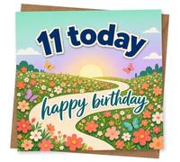 11th Birthday Card, 11 Today Meadow Flowers & Butterflies | For an 11th birthday: big “11 today” over a sunny flower meadow, with colourful butterflies and a flowing “happy birthday”