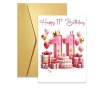 11th Birthday Card, Birthday Card 11 Year Old Girl, Cute 11th Birthday Card for Girls with Gold Envelope, Blank Inside Design, Suitable for Granddaughter Daughter Niece Sister Cousin