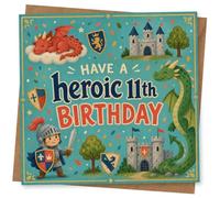 11th Birthday Card for Boy, Have a Heroic, Dragons & Castle | “Have a heroic 11th birthday” with a smiling knight, friendly dragons, castle scenes and colourful shield motifs.