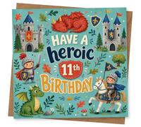 11th Birthday Card for Boy, Sleeping Dragon, Castles | Bright storybook medieval scene for a Boy’s 11th: sleeping dragon, castles and knights in heroic style.