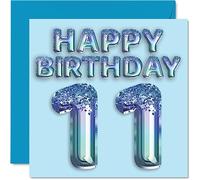 11th Birthday Card for Boys - Blue Glitter Party Balloon - Happy Birthday Cards for 11 Year Old Boy Grandson Son Brother Nephew, 145mm Bday Greeting Cards Gift
