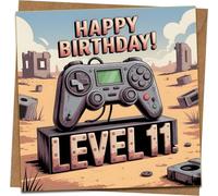 11th Birthday Card for Gamer - Level 11 Happy Birthday Video Game Controller Design, Funny Card for Son Boy Grandson, 145mm x 145mm, Blank Inside, Includes Kraft Envelope
