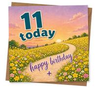 11th Birthday Card for Girl, 11 Today, Sunset Meadow Path | Celebrate her 11th with bold “11 today” and “happy birthday”, framed by colourful flowers along a sunset meadow path.