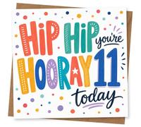 11th Birthday Card for Girl, Hip Hip Hooray 11 Today | Hand-drawn “Hip Hip Hooray you’re 11 today” lettering with bright confetti dots-made for an 11th birthday girl.