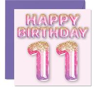 11th Birthday Card for Girls - Pink & Purple Glitter Balloons - Happy Birthday Cards for 11 Year Old Girl Daughter Sister Granddaughter Cousin, 145mm Bday Greeting Cards Gift