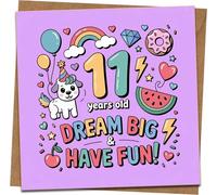 11th Birthday Card for Kids - Dream Big & Have Fun - Cute Puppy, Rainbow & Balloons Design - 145mm x 145mm Square Greeting Card with Kraft Envelope