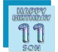 11th Birthday Card for Son - Blue Glitter Party Balloons - Happy Birthday Cards for 11 Year Old Son from Mum Dad Parents, 145mm Bday Greeting Cards Gift