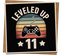 11th Birthday Card Gamer - Leveled Up 11 Retro Video Game Controller Design, Square 145mm x 145mm Greeting Card with Kraft Envelope for Boys Kids Son Grandson