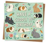 11th Birthday Card, Have a Cuddly Birthday, Rabbits | ‘Have a Cuddly 11th Birthday’ in bold lettering, framed by rabbits, guinea pigs, pastel flowers and little hearts.