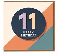 11th Birthday Card - Modern Geometric Design with Navy Circle and Patterned Number 11, 'Happy Birthday' Text - Unisex Card for Kids Age Eleven