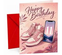 11th Birthday Card Pink Trainers and Phone Happy Birthday | Large A5 Card with Printed Inside Message; Pastel pink high-top trainers and a smartphone 11 for 11th Birthday