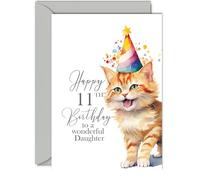 11th Birthday Cards for Daughter - Party Cat Kitten - Happy Birthday Card for 11 Year Old Daughter from Mum Dad, A5 Bday Girl Girls Kids Greeting Cards Gift for Daughter Birthday Gifts
