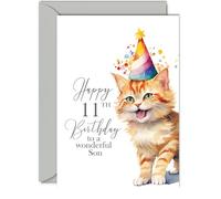 11th Birthday Cards for Son - Party Cat Kitten - Happy Birthday Card for 11 Year Old Son from Mum Dad, A5 Bday Boy Boys Kids Greeting Cards Gift for Son Birthday Gifts