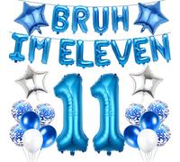 11th Birthday Decoration Balloon Set - 30 Pcs Blue Bruh Im Eleven Letter Banners Number 11 Star Foil Latex Balloons Party Supplies for Boys Girls Happy 11 Years Old Birthday Celebration Decor