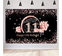 11th Birthday Decoration for Girl, Happy 11th Birthday Backdrop Banner, 11 Years Old Fabric Sign Poster Party Supplies, Black and Rosegold Photography Background, 150cm x 90cm