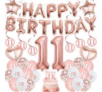 11th Birthday Decorations Balloon Banner - 34 Pcs Rose Gold Happy Birthday Banners Number 11 Foil Star Balloons Hanging Swirls Cake Topper for Boys Girl Eleven Year Old Party Supplies