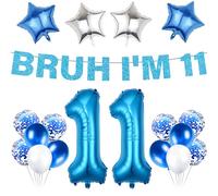 11th Birthday Decorations Balloon Boys - 19 Pcs Blue Bruh I'M 11 Glitter Banner Number 11 Foil Latex Balloons Party Decoration for Boys Girls 11 Years Old Birthday Celebration Decor Supplies