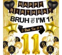 11th Birthday Decorations Balloons Banner - 28 Pcs Boys Black Gold Happy Birthday Banner Decorations Bruh I'M 11 Banners Curtain Backdrop Foil Balloons for 11 Years Old Boy Girl Party Decor Supplies