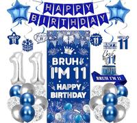 11th Birthday Decorations Balloons Banner - 32 Pcs Blue Silver Bruh I'm 11 Banner Number 11 Foil Balloon Hanging Swirls Cake Topper Sash for Boys Girls Happy Eleven Years Old Bday Supplies Decor