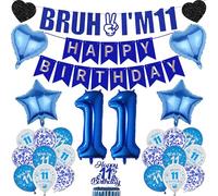 11th Birthday Decorations Balloons Boys - 27 Pcs Glitter Blue Bruh I'm 11 Happy Bday Banners Numbers Star Heart Foil Balloon Cake Topper Sign Party Supplies for Eleven Years Old Celebrations Decor