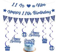 11th Birthday Decorations Banner for Boys - Blue Decoration Hanging Swirls Set with Bunting Pennant, Happy Birthday Banners Cake Topper for Kids 11 Years Old Party Supplies