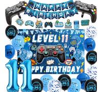 11th Birthday Decorations Banner Set - Blue Gaming Theme Balloons Kit with Hanging Swirls, Happy Birthday Backdrop Banners and Foil Balloons for Boys 11 Years Old Party Supplies