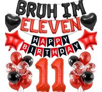 11th Birthday Decorations Banners Boy - 37 Pcs Black and Red Happy Birthday Banner BRUH I'M ELEVEN Star Heart Number 11 Foil Balloons Decoration Sequin Balloons for 11 Years Old Boys Party Decor