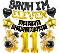 11th Birthday Decorations Banners Boy - 37 Pcs Black Gold Happy Birthday Banner BRUH I'M ELEVEN Star Heart Number 11 Foil Balloons Decoration Sequin Balloons for 11 Years Old Boys Party Decor