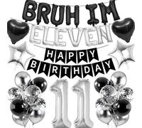 11th Birthday Decorations Banners Boy - 37 Pcs Black Silver Happy Birthday Banner BRUH I'M ELEVEN Star Heart Number 11 Foil Balloons Decoration Sequin Balloons for 11 Years Old Boys Party Decor