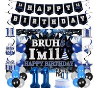 11th Birthday Decorations Banners Boys - 30 Pcs Black and Blue Happy Birthday Banner Set Bruh I'M 11 Background Curtain Number Foil Balloons Cake Topper Hanging Swirls for 11 Years Old Boy Party Decor