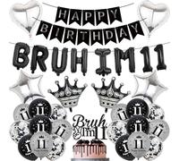 11th Birthday Decorations Banners Boys - 34 Pcs Black and Silver Happy Birthday Banner Bruh I'M 11 Star Heart Crown Foil Balloons Cake Topper Sequin Balloons for 11 Years Old Boy Party Decor Supplie
