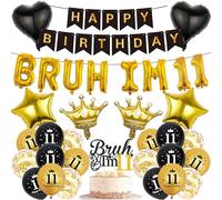 11th Birthday Decorations Boys Banners - 34 Pcs Black and Gold Happy Birthday Banner Bruh I'M 11 Star Heart Crown Foil Balloons Cake Topper Sequin Balloons for 11 Years Old Boy Party Decor Supplie