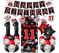 11th Birthday Decorations for Boys, 30 Pcs Red and Black Party Supplies, BRUH I’M 11 Banner, Balloons, Hanging Swirls for 11 Year Old Boy Teenage Party Decor