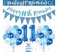11th Birthday Decorations for Boys - Blue & White Balloons, Happy Birthday Banner, Triangle Flag Confetti & Large Number Balloons