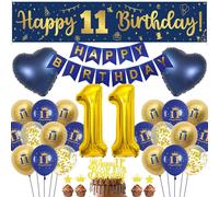 11th Birthday Decorations for Boys Girls - Navy Blue Gold Party Decoration Happy 11th Birthday Yard Banners, Heart Number Foil Balloons Confetti Balloon Cake Topper for 11 Years Old Party Supplies