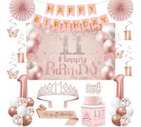 11th Birthday Decorations for Girls,32PCS 11th Birthday Party Decorations,Including Backdrop, Crown, Sash, banner, Hanging Swirl,Cake Topper,balloons, Anniversary Card and Paper Fans