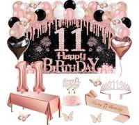 11th Birthday Decorations for Girls, 49pcs Black Rose Gold Black Banner, Tablecloth, Butterfly Decor, 11th Birthday Sash and Tiara, Cake Topper, Candles, Balloons Arch