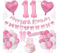 11th Birthday Decorations Girls, Pink Birthday Decoration Set Happy 11th Birthday Banner Bunting, Bow Pink White Balloons, Number 11 Heart Foilballoons, Hair Clips, Sash, Pink Bow Party Deco 11 Girls