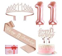 11th Birthday Decorations, Including 11th Birthday Sash and Tiara, Cake Topper and Candles, Rose Gold Number Balloons, 11 Year Old Girl Gifts