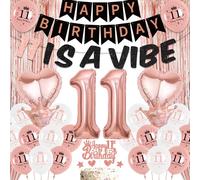 11th Birthday Decorations Rose Gold - Happy Birthday 11 Is A Vibe Banner Foil Latex Balloons Cake Topper, Tinsel Curtain for 11 Years Old Girls Party Decoration Supplies