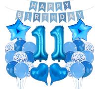 11th Birthday Decorations Set Blue Theme Happy Birthday Banner Bunting Balloon Decor Photo Backdrop for Boys Girls Tweens Party Supplies Celebration Decor Event Bundle Bunting Set Party Pack