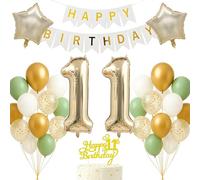 11th Birthday Decorations Set Light Gold White Sage Green Theme Happy Birthday Banner Balloon Decor Photo Backdrop for Boys Girls Kids Turning 11 Age 11 Party Supplies Celebration Decor Event Bundle