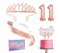 11th Birthday Decorations Set Rose Gold 11th Birthday Sash and Tiara Party Crown, Cake Topper and Candles, Foil 11 Number Balloons, Party Supplies 11th Year Old Gifts for Her Girl