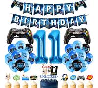 11th Birthday Decorations Video Game - 34 Pcs Gaming Party Decoration Including Controller Foil Balloons Number 11 Balloon Level Up Cupcake Toppers for Blue Boys Gamer Birthday Supplies