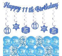 11th Birthday Party Decorations for Boys - Blue Happy 11th Birthday Banner and Latex Printed Balloons, Hanging Swirls Backdrop Decor Confetti Balloon for Kids 11 Years Old Party Supplies
