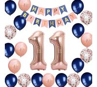11th Birthday Party Decorations Navy Blue Rose Gold for Girls Boys - Banner, Number 11 Foil Balloons, Latex Confetti Balloon for Her Him Daughter Son - 11 Years Old Supplies