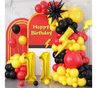 11th Birthday Red Black Yellow Balloons Arch Kit, 11th Cartoon Balloon Garland with Number 11 Lightning Star Balloons for Boys Girls Cartoon Ball Theme Birthday Baby Shower Party